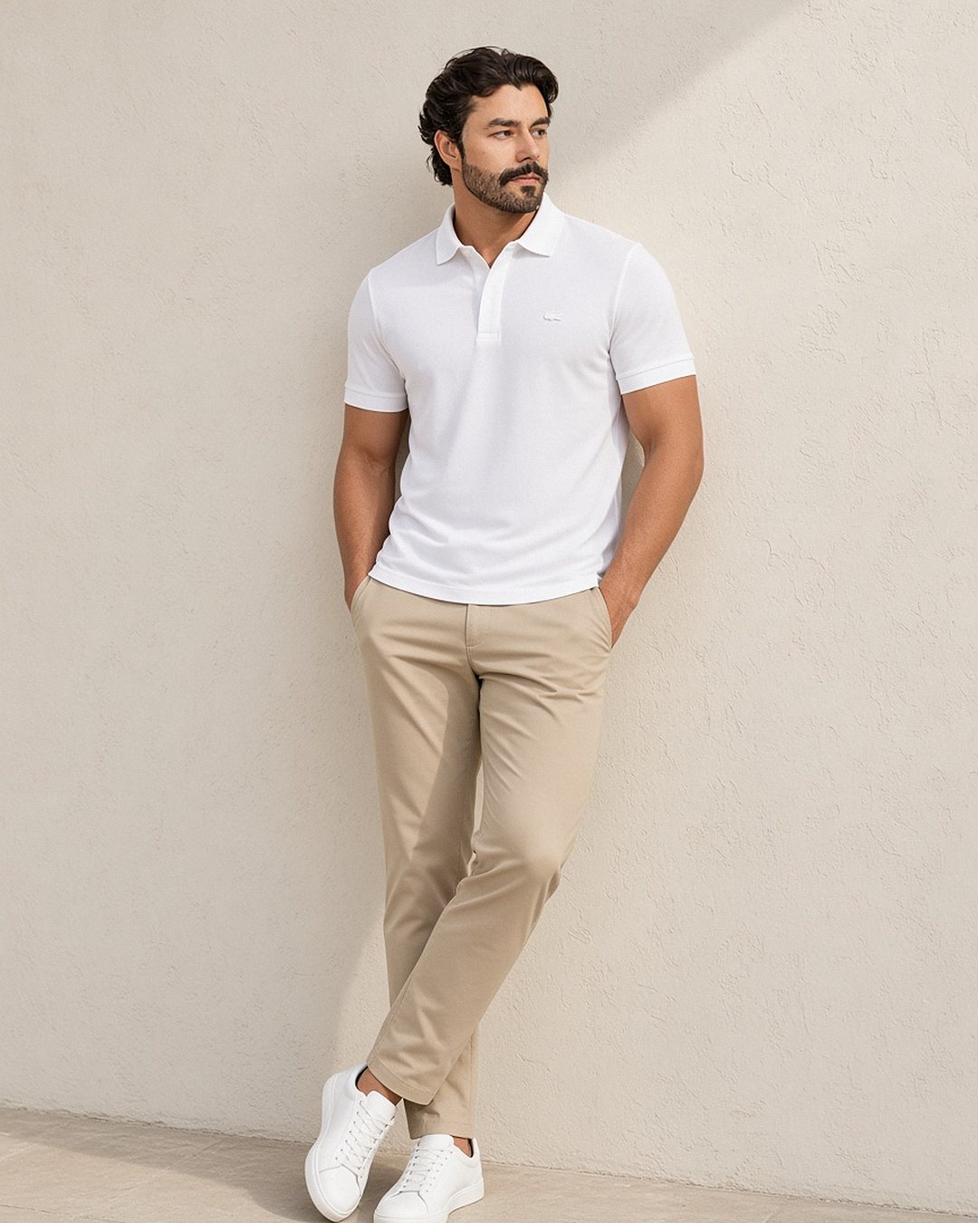 Homem com camisa polo Lacoste Paris branca de piquet, botões ocultos e jacaré bordado no mesmo tom, usada com calça chino bege e tênis branco, encostado em parede de cal off-white