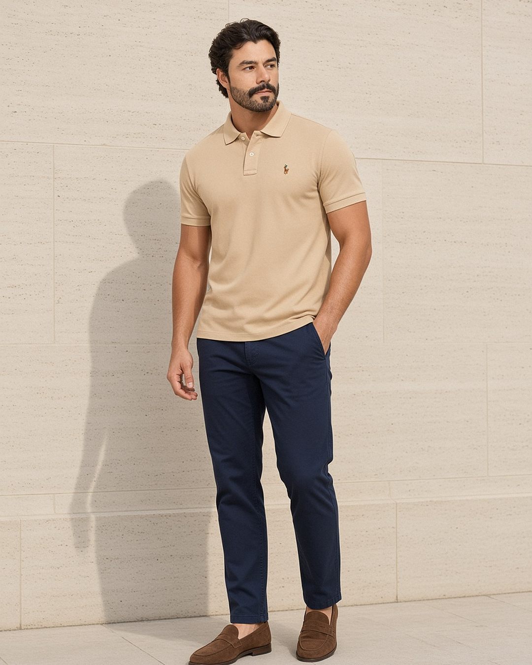 Homem com camisa polo Ralph Lauren Custom Fit caqui de piquet com logo bordado multicolorido, combinada com calça chino azul-marinho e mocassim de camurça marrom, diante de parede de pedra clara