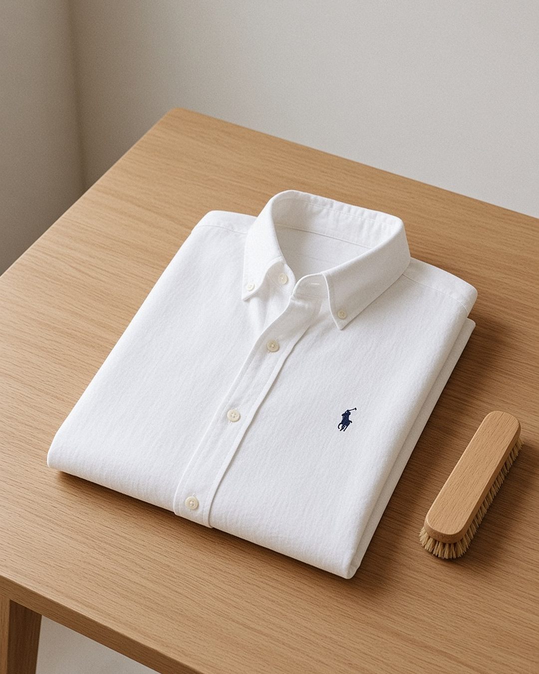 Camisa de linho Ralph Lauren branca dobrada sobre mesa de madeira clara ao lado de uma escova de roupa, pronta para ser guardada