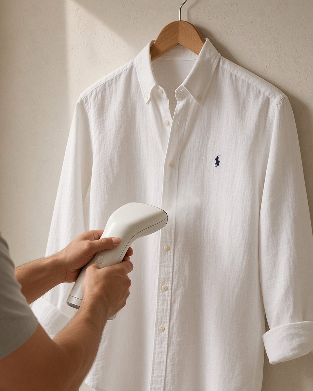 Mãos passando camisa de linho Ralph Lauren branca com vaporizador portátil, com a camisa pendurada no cabide de madeira em frente a parede clara