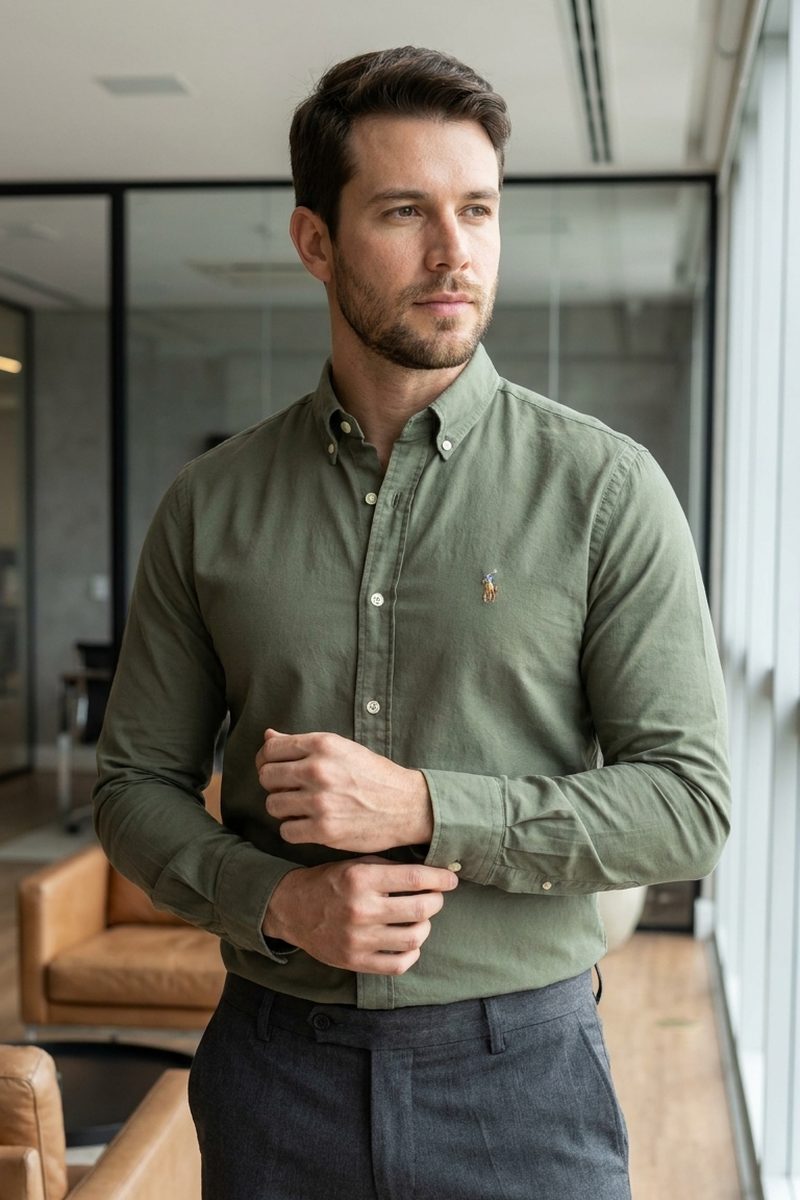 Homem vestindo camisa Ralph Lauren verde de manga longa e calça cinza