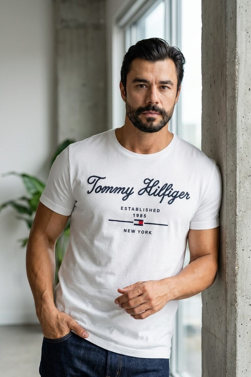 Homem vestindo camiseta branca Tommy Hilfiger e calça jeans escura