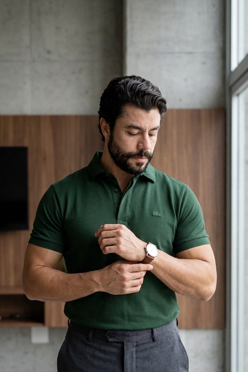 Homem vestindo camisa polo Lacoste verde, relógio e calça de alfaiataria cinza