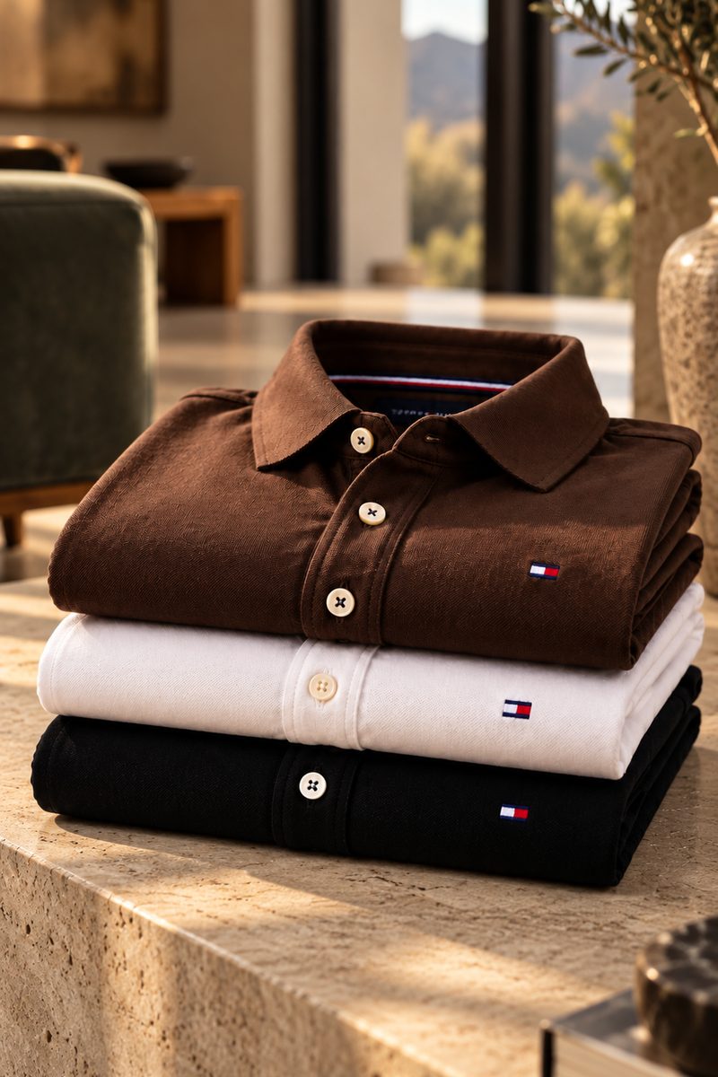 Três camisas polo Tommy Hilfiger dobradas, nas cores marrom, branca e preta, sobre bancada de mármore